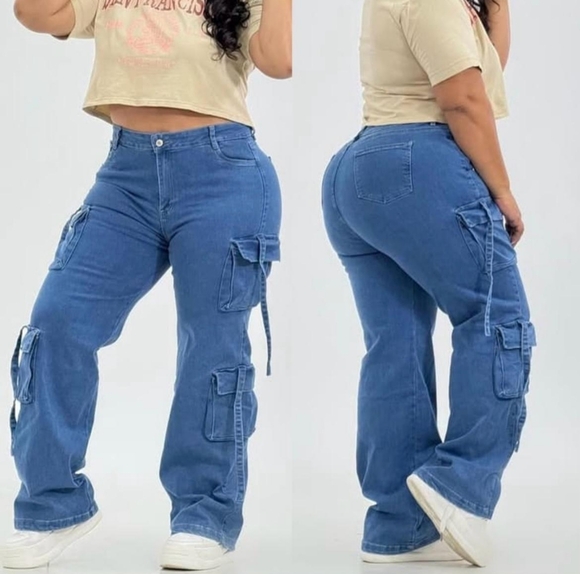 Cream and Blue Flare Wide Leg Jeans - Picture 1 of 1